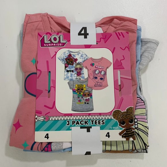LOL Surprise Girls 3-pack Tees 4 Short Sleeve Graphic Print T-Shirts Size 4 - Picture 1 of 5